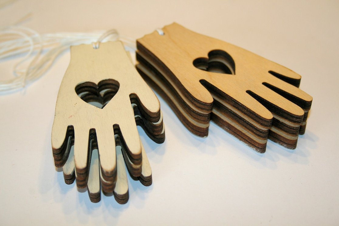 6 wooden folkart style die cut Hands with Heart by TripleTrouble