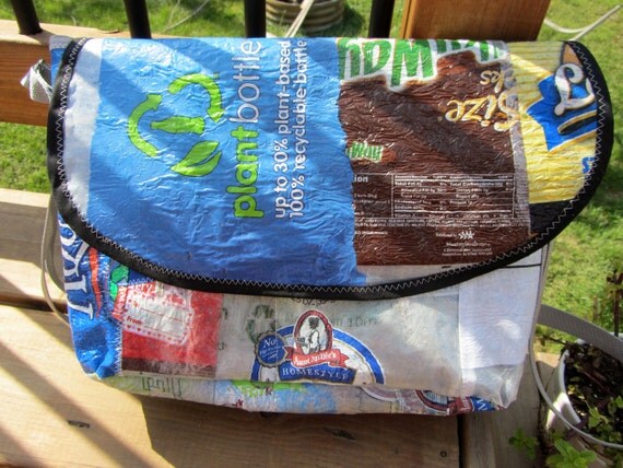 Items similar to Upcycled Plastic Messenger Bag with Adjustable Strap ...