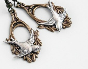 Silver Swallow on Bronze - Dangle Earrings Jewelry Jewellery