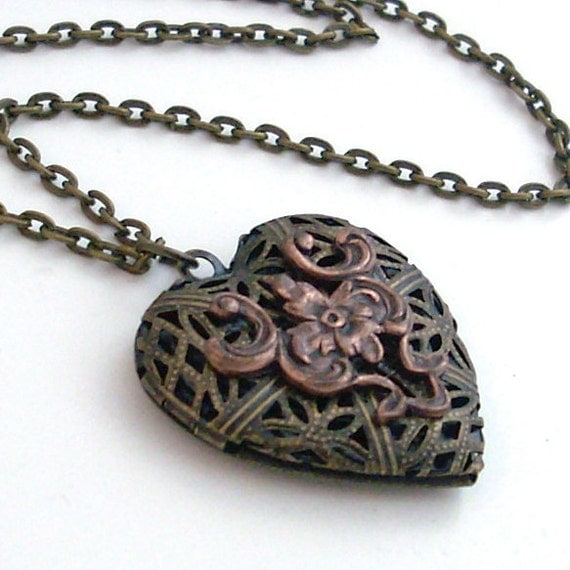 Victorian Bronze and Copper Filigree Heart Scent Locket