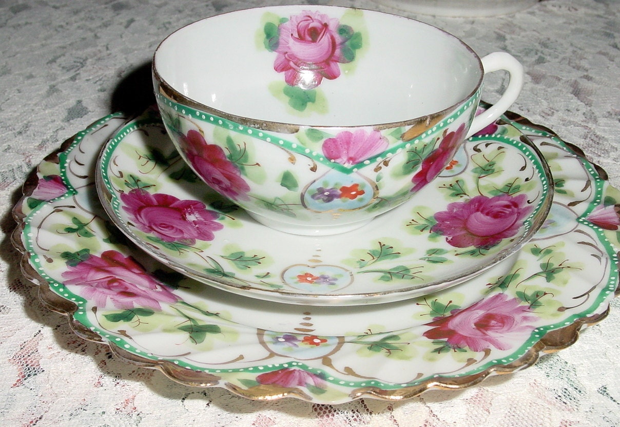 Antique Trio Tea Cup Set Tea Cup Saucer Plate in Porcelain