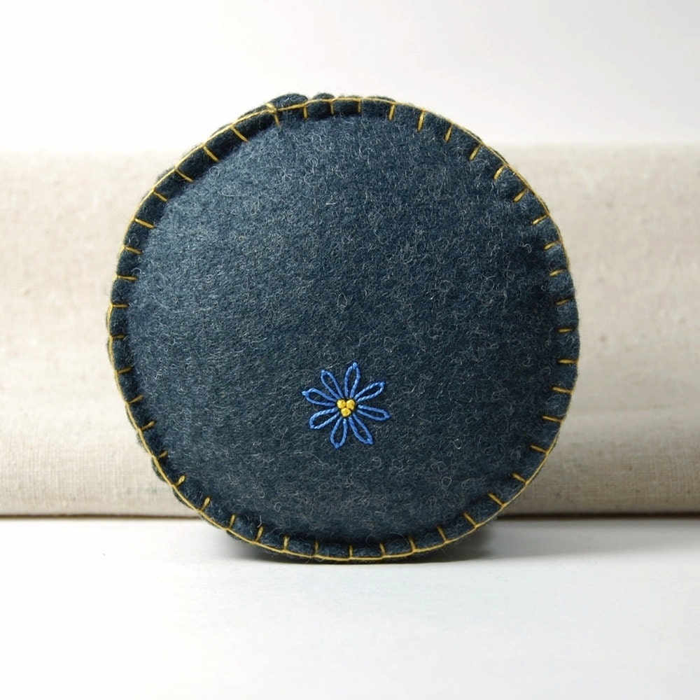 Wool Felt Pincushion Ivory Daisy Flower Hand Embroidered on