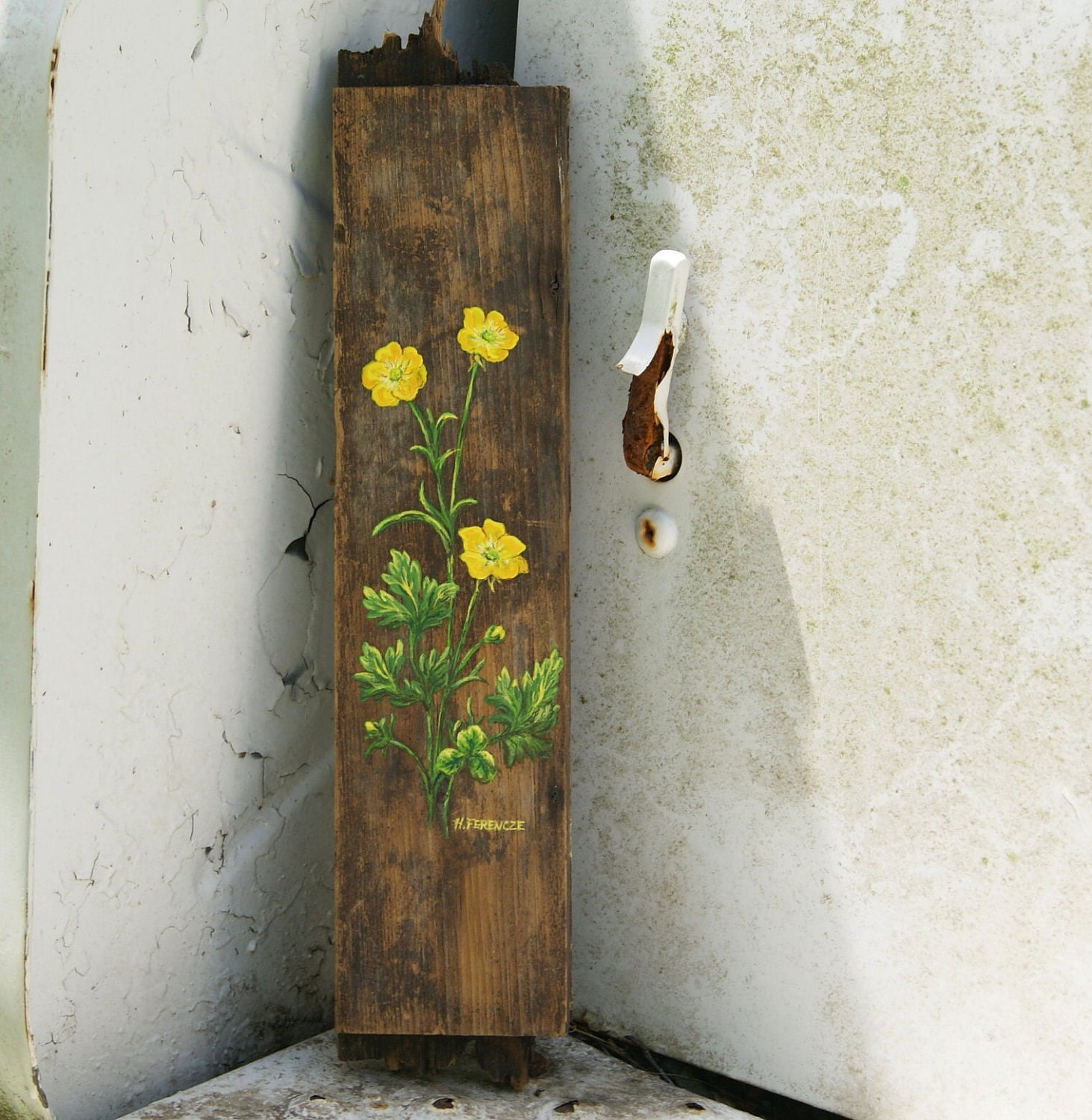 Yellow Buttercup Flower Painting Antique Wood Original