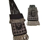 1800s Antique Beaded Bag, B Monogram Black Crochet w. Silver Steel Beads,  Finger Ring, OOAK fashion ollectible