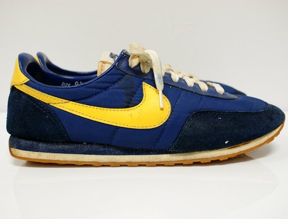 Vintage Pair of 1970s Nike Sneakers Yellow and Blue Waffle