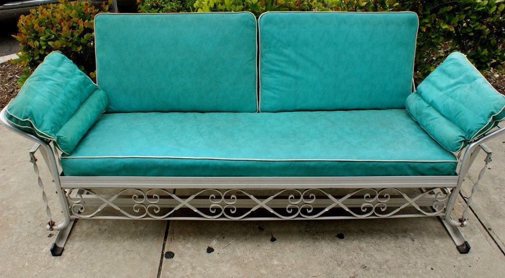 Vintage 1950s Aqua Vinyl Aluminum Patio Glider Sofa