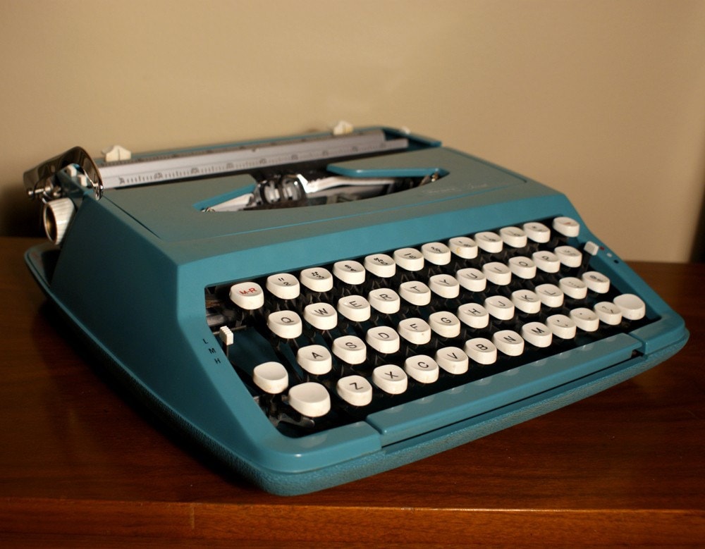 Vintage Blue Typewriter with Original Matching Shell Carrying