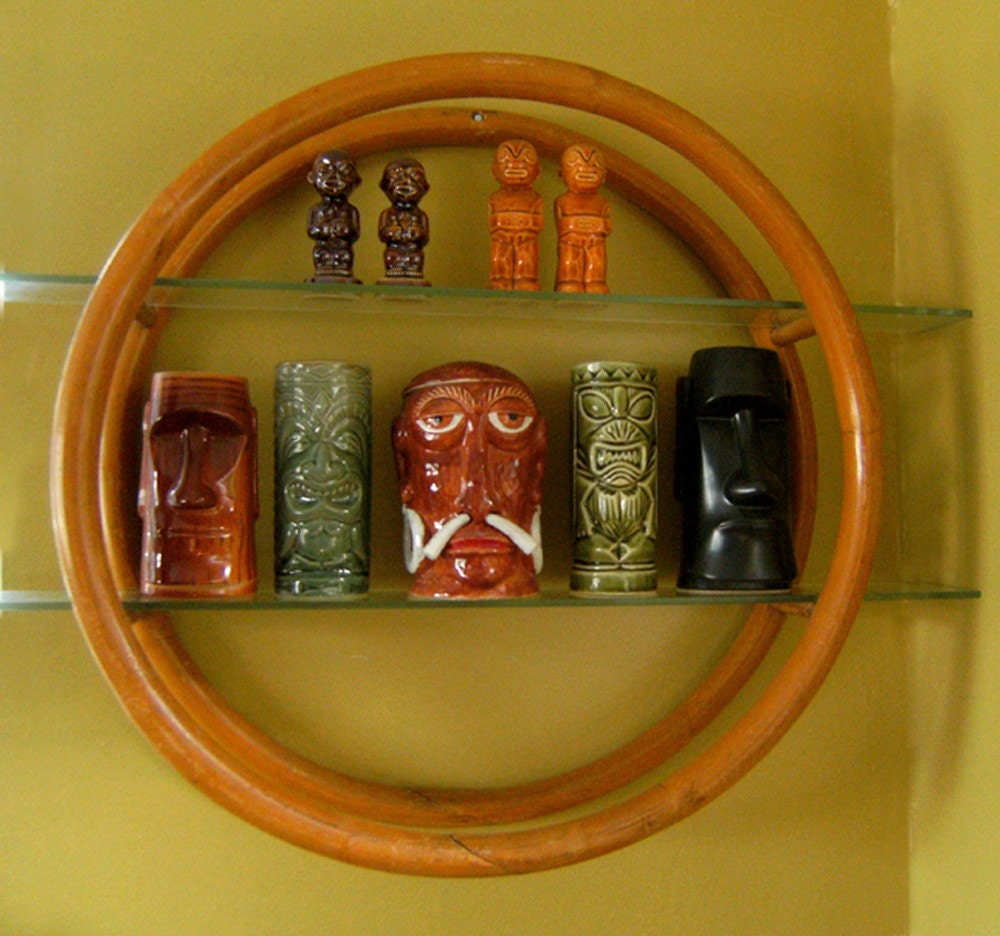 Vintage 1950s Tiki Rattan Circle Wall Shelf with Glass Shelves