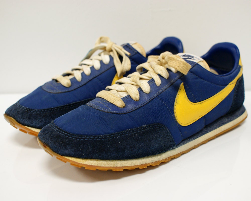 Vintage Pair of 1970s Nike Sneakers Yellow and Blue Waffle