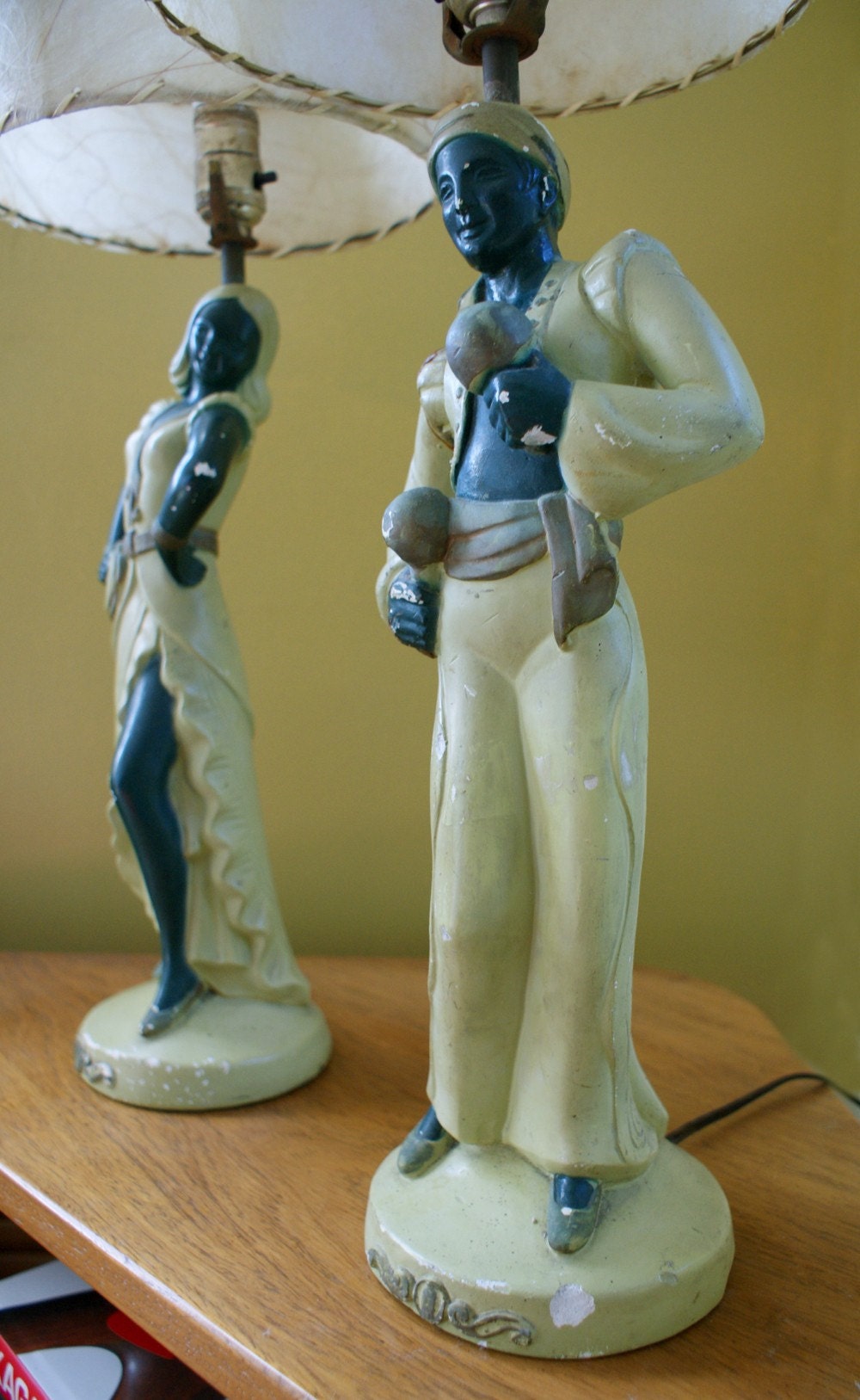 Vintage 1940s 1950s Chalkware Figural Dancer Pair of Lamps