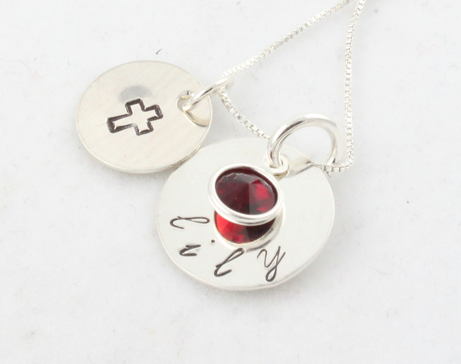 Personalized Cross Birthstone Necklace Custom Hand Stamped