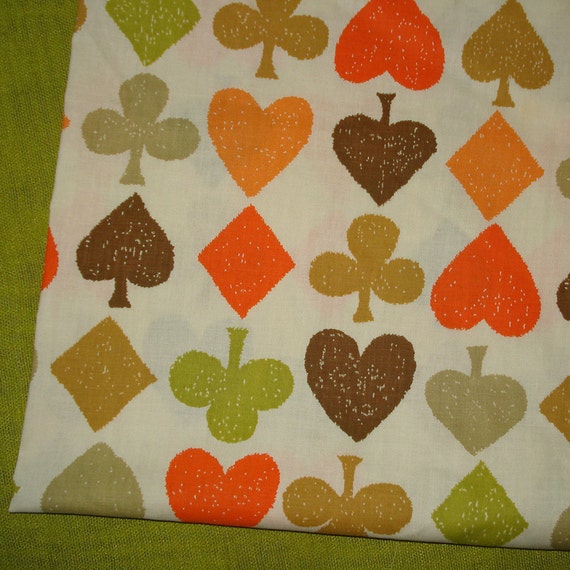 Vintage Cotton Fabric Spades Hearts Green and Orange