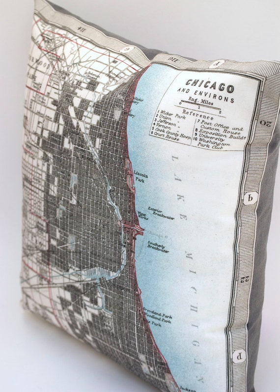 Vintage CHICAGO Map Pillow Made to Order 15 x15 Cover