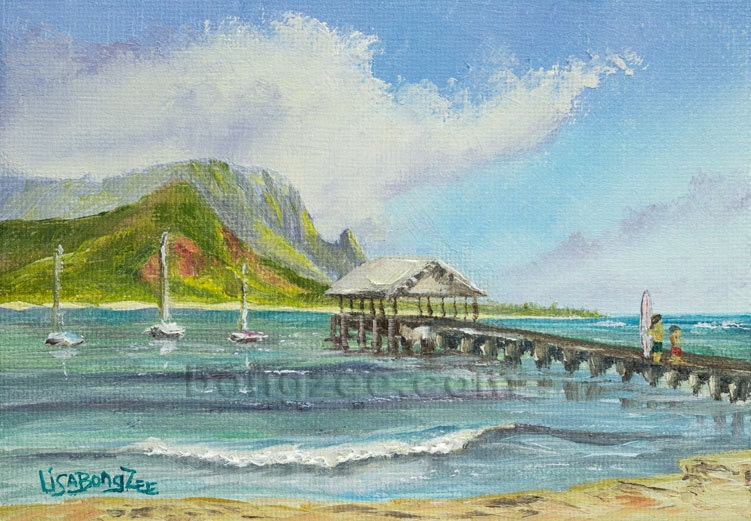 HANALEI BAY Framed Original Oil Painting Kauai Pier Hawaii