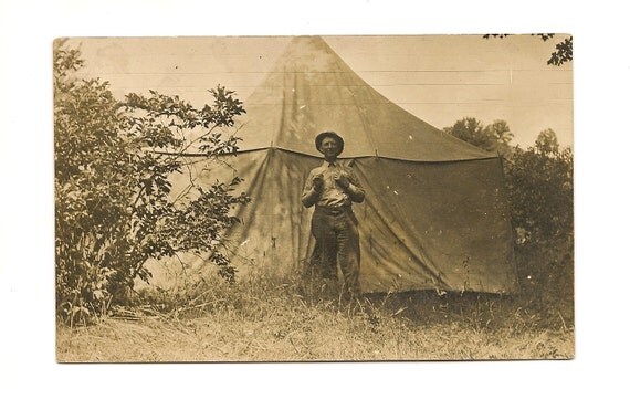 early 1900s vintage photo postcard man and tent by MyraMelinda