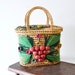 amazing 1960s straw basket purse with woven raised fruit and flowers/green yarn accents--sewing basket, knitting basket, tote