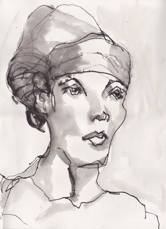 Items similar to Art Pen and Ink Drawing Portrait Woman in Turban Scarf ...