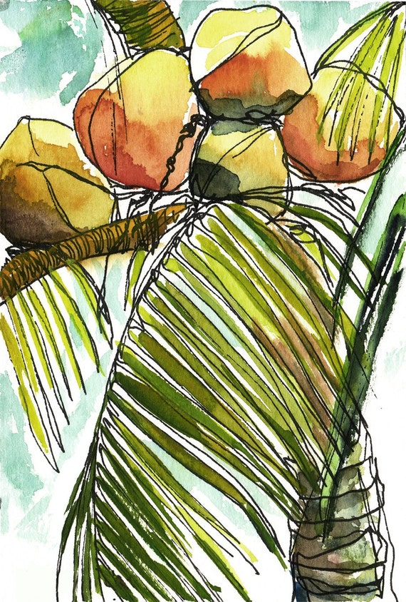 Art PRINT Tropical Coconuts Palm Tree Ink and by vhmckenzie