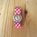Fake watch bracelet. One-of-a-kind handmade Porcelain toy clock with RED Gingham watchband.