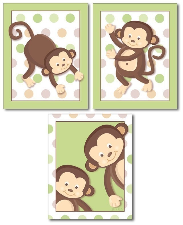 SET OF 3 MONKEY POP MONKEYS NURSERY DECOR ART by smileywalls