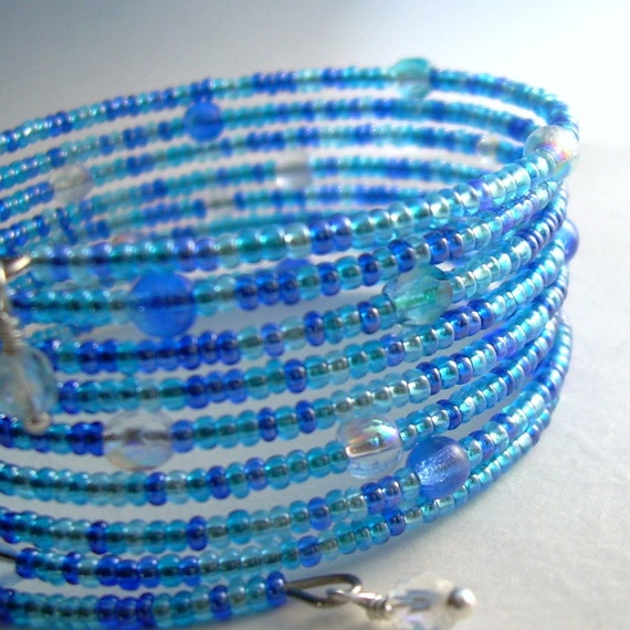 Aqua Blue Memory Wire Bracelet Glass Beaded Cuff Bracelet
