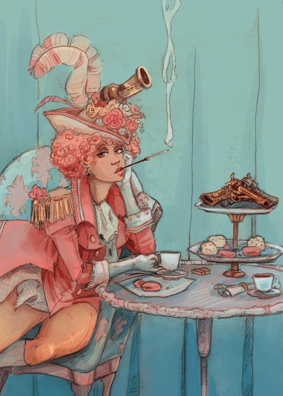 Tea for Two french revolutionary steampunk illustration mini print