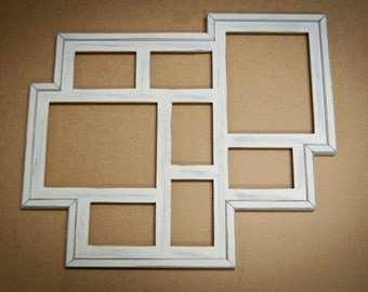 Collage Picture Frame - MULTI 8 Opening distressed rustic collage picture frame with 2) 8x10's & 6) 4x6's ...white....HANDMADE