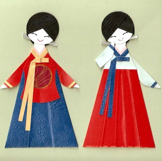 KOREAN ORIENTAL GIRL IN HANBOK AND DANGUI PAPER DOLL CARD