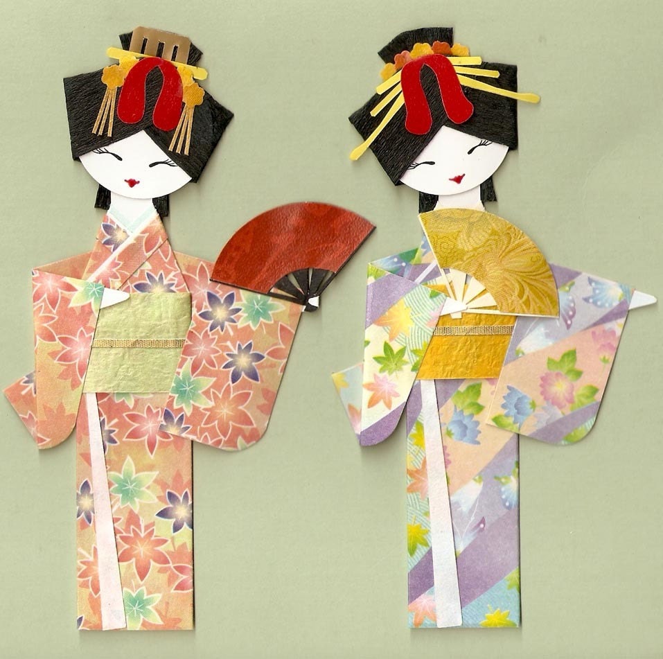 JAPANESE ORIENTAL GEISHA IN KIMONO WITH FAN ORIGAMI PAPER DOLL