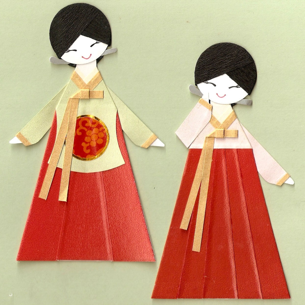 KOREAN ORIENTAL GIRL IN HANBOK AND DANGUI PAPER DOLL CARD