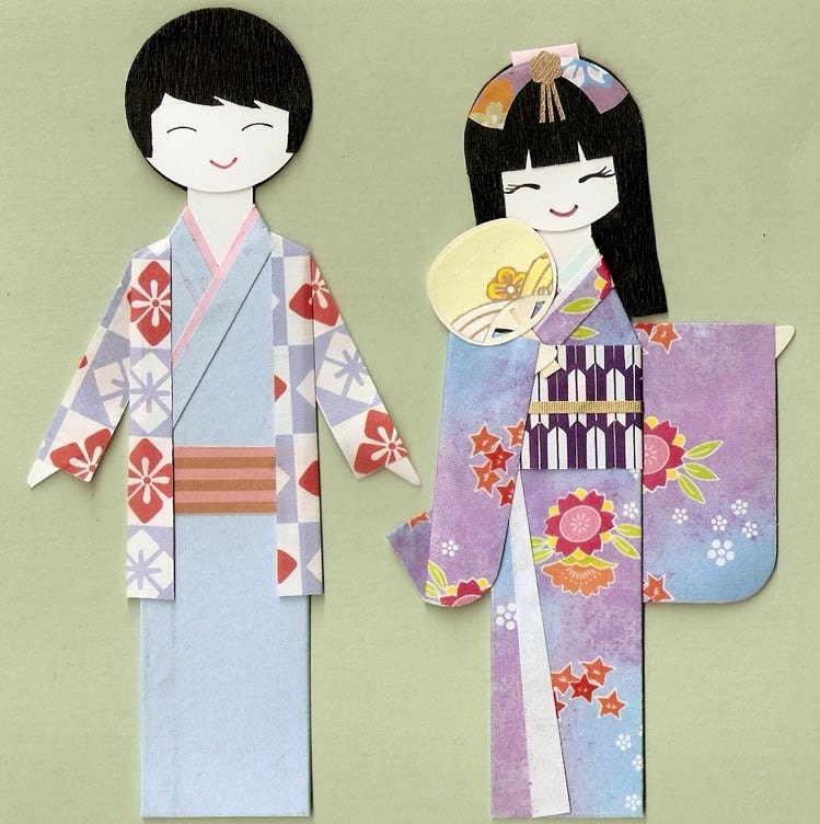 JAPANESE ORIENTAL MAN AND LADY IN KIMONO ORIGAMI PAPER DOLL