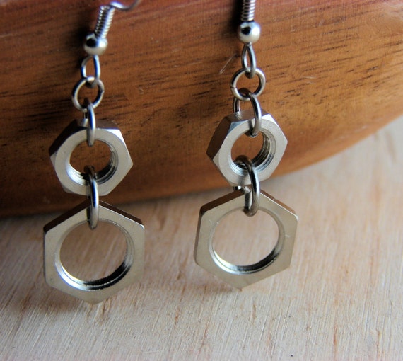 Geometric Earrings Dangles Hardware Hexagon Nuts