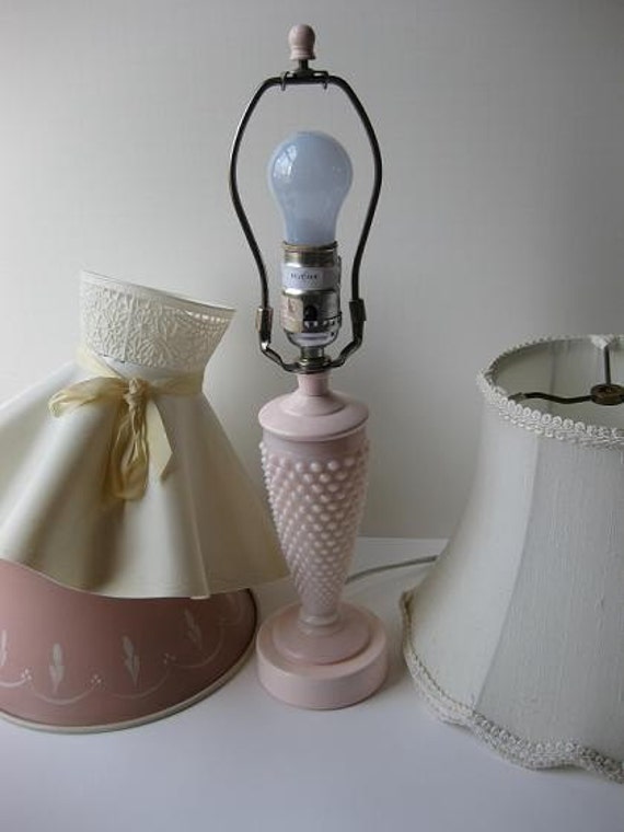 glass Fenton mymilkglassshop by lamp Pink Vintage  Glass Hobnail Milk hurricane pink Lamp milk