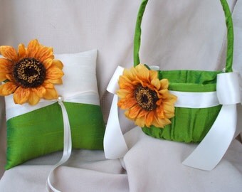 Sunflower Wedding Green and Ivory with Accent Pearl Wedding Ring Bearer Pillow and Flower Girl Basket