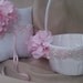 Elegant White or Ivory with Pink Hydrangea Accent Pearl Wedding Ring Bearer Pillow and Flower Girl Basket