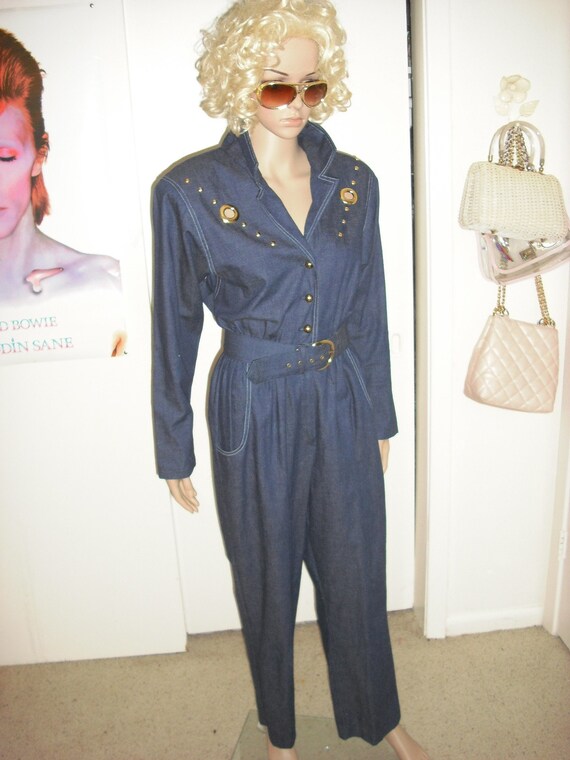 80's Vintage Denim Studded Jumpsuit One Piece Jumper L
