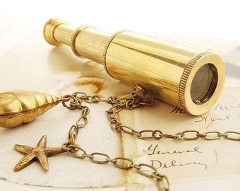 Miniature Spyglass Necklace - working telescope necklace, telescope necklace - anchor charm seahorse necklace