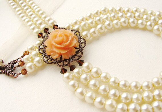 Peach Rose statement necklace wedding pearl jewelry by soradesigns