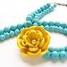 Lemon Yellow Rose Statement Necklace - double strands turquoise, OOAK vintage enamel brooch, yellow rose necklace