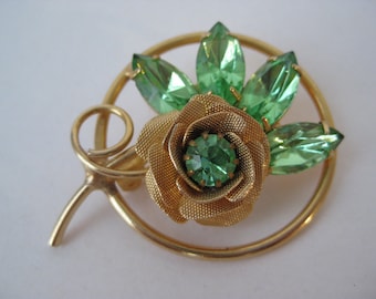 Bright Green Twinkle Golden Rose - vintage brooch