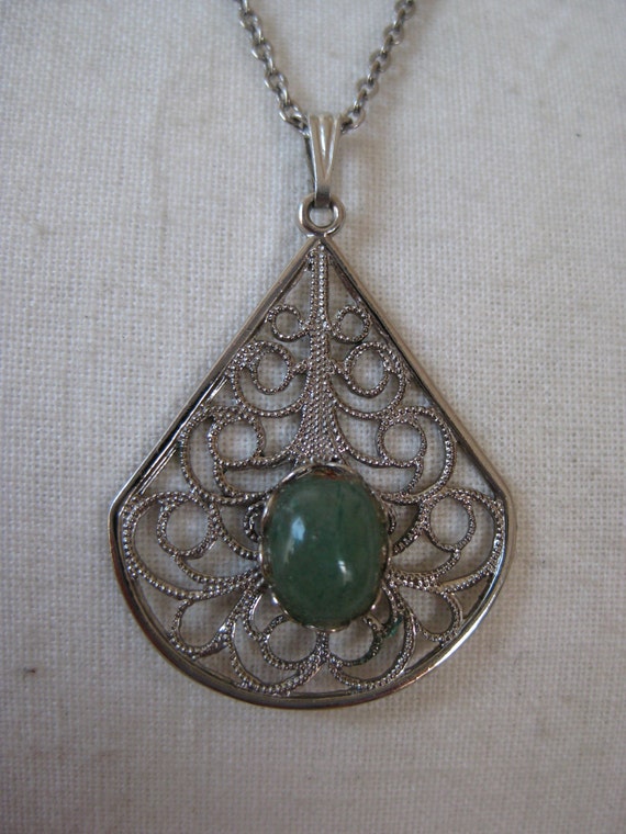 Green Necklace Stone Filigree Silver by vintagejewelryalcove