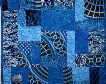 Fiber Art Quilted Wall Hanging, The Blues