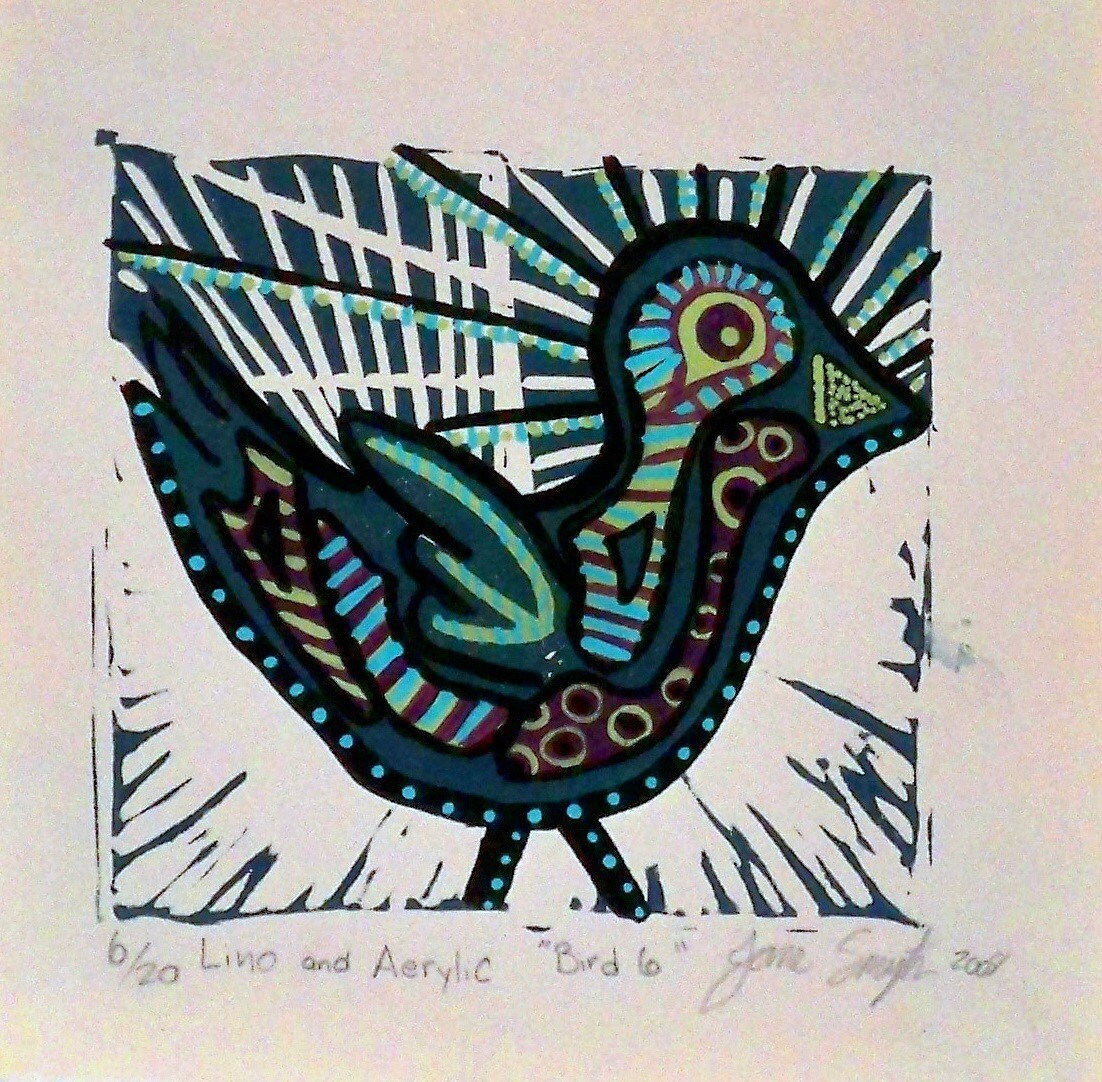 Original Lino Print Bird 6 imbellished with Aerylic Paint
