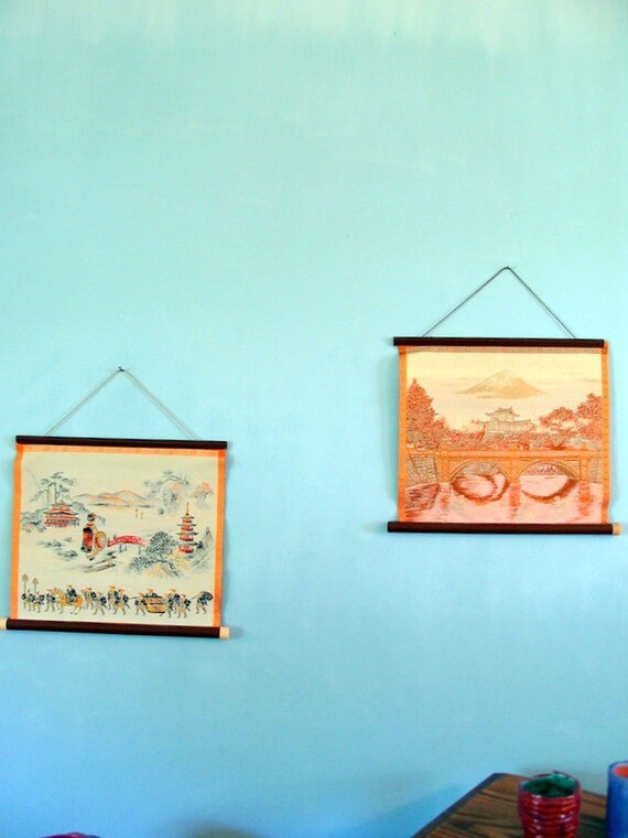 Silk Tapestry Chinese Scenes Wall Hangings Set of 2