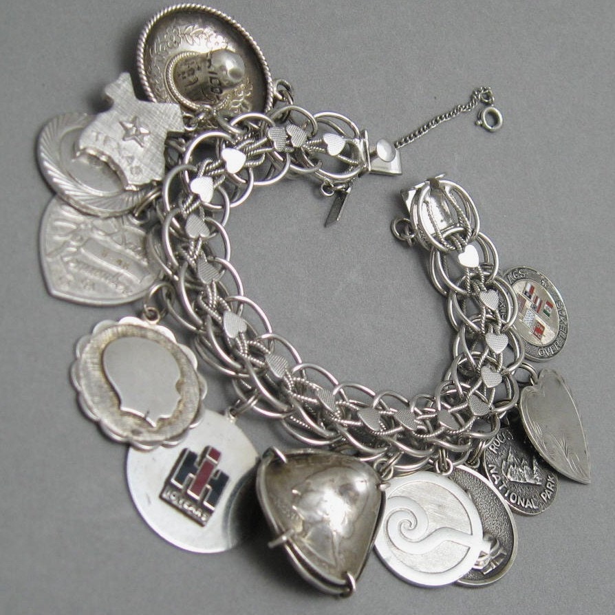 Vintage Charm Bracelet Sterling Charms Monet Huge B1209