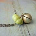 Ball Locket Pendant Necklace Brass Ball with Chartreuse Green Lime Green Carved Agate Melon Bead Secret Hiding Place