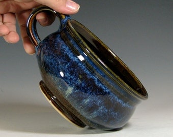 Soup bowl, hand made ceramic, cappuccino mug, chili onion soup crock, glazed in brown blue, handmade stoneware by hughes pottery