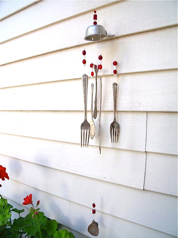 Wind Chime Made With Recycled Silverware And Red Wind Chime Made With Recycled Silverware And Red White Glass Beads A