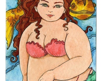 Mermaid and Fishy Friend (5x7 or 8x10 print)