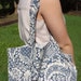 Blue grey and stone patterned shopping or tote bag, spacious, strong, lined, cotton